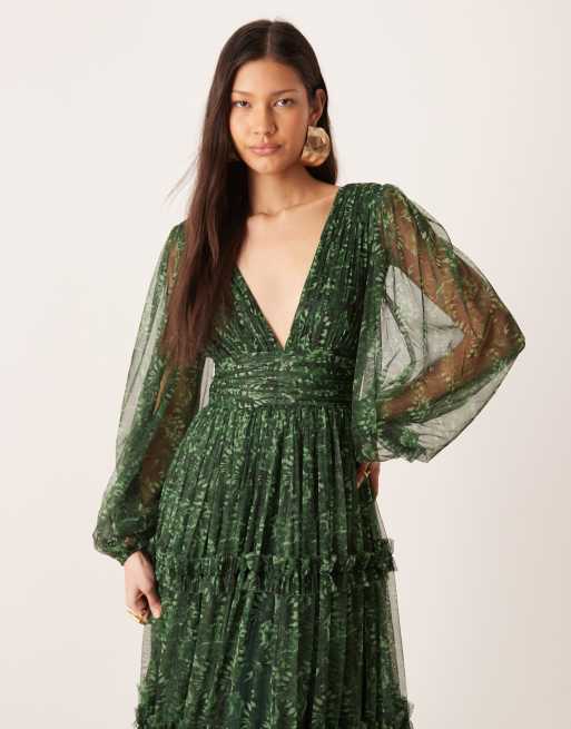 Lace & Beads - Robe longue transparente à fleurs avec décolleté en V plongeant et manches cloches - Vert, 3 de 4