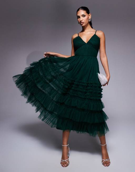 Lace & Beads - Robe longueur mollet à volants étagés - Vert forêt