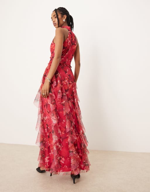 Lace & Beads - Robe longueur mollet dos nu à volants - Rouge fleuri, 3 de 4