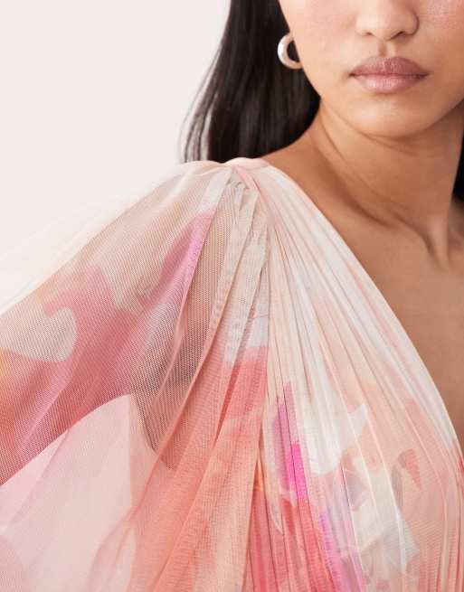 Lace & Beads - Robe longueur mollet en tulle à fleurs avec manches ballon et décolleté plongeant - Rose, 2 de 4