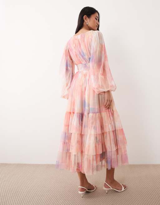 Lace & Beads - Robe longueur mollet en tulle à fleurs avec manches ballon et décolleté plongeant - Rose, 3 de 4