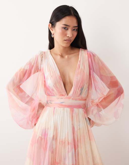 Lace & Beads - Robe longueur mollet en tulle à fleurs avec manches ballon et décolleté plongeant - Rose, 4 de 4
