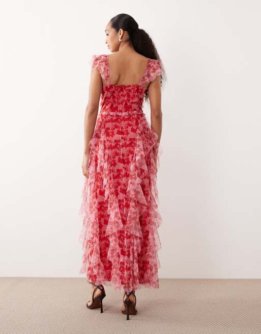 Lace & Beads - Robe longueur mollet en tulle à imprimé fleuri et volants - Rouge et rose, 3 de 4