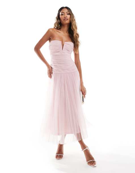Lace & Beads - Robe longueur mollet en tulle à ourlet plongeant - Rose poudré - view 1