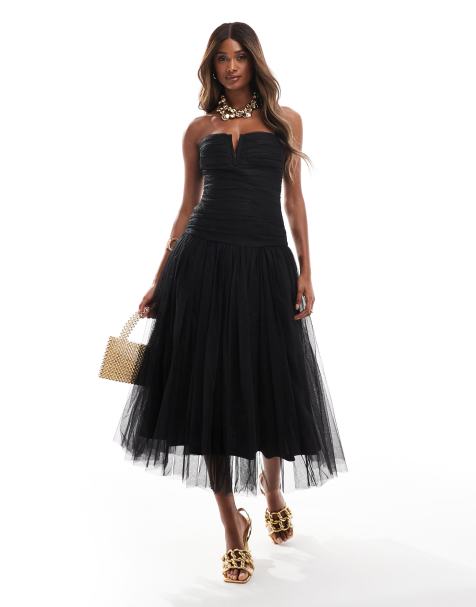 Lace & Beads - Robe longueur mollet en tulle à ourlet tombant - Noir - view 1