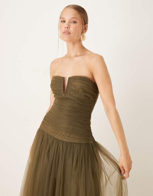 Lace & Beads - Robe longueur mollet en tulle à ourlet tombant - Olive foncé, 3 de 4