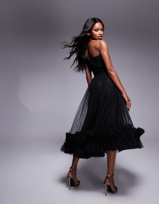 Lace & Beads - Robe longueur mollet en tulle avec corset et ourlet à volants - Noir, 2 de 4