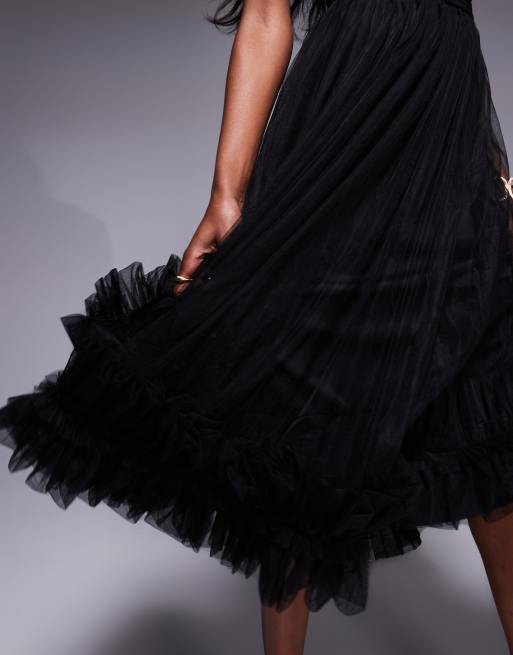 Lace & Beads - Robe longueur mollet en tulle avec corset et ourlet à volants - Noir, 3 de 4