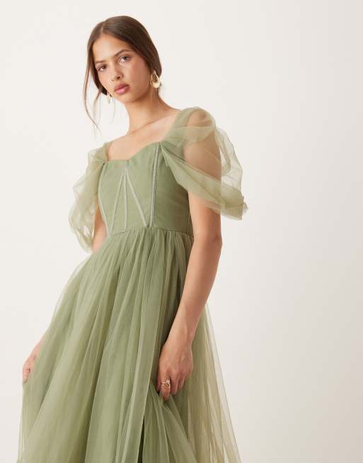 Lace & Beads - Robe longueur mollet en tulle avec épaules dénudées - Olive doux, 4 de 4