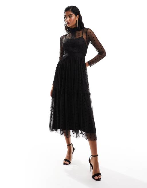 Lace & Beads - Robe longueur mollet en tulle et dentelle à col montant - Noir, 2 de 4