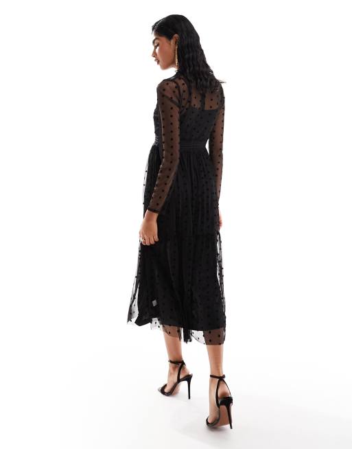 Lace & Beads - Robe longueur mollet en tulle et dentelle à col montant - Noir, 4 de 4