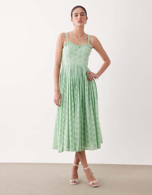 Lace & Beads - Robe longueur mollet style corset en coton à broderie anglaise - Vert pastel, 2 de 4