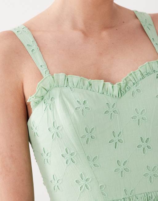 Lace & Beads - Robe longueur mollet style corset en coton à broderie anglaise - Vert pastel, 3 de 4