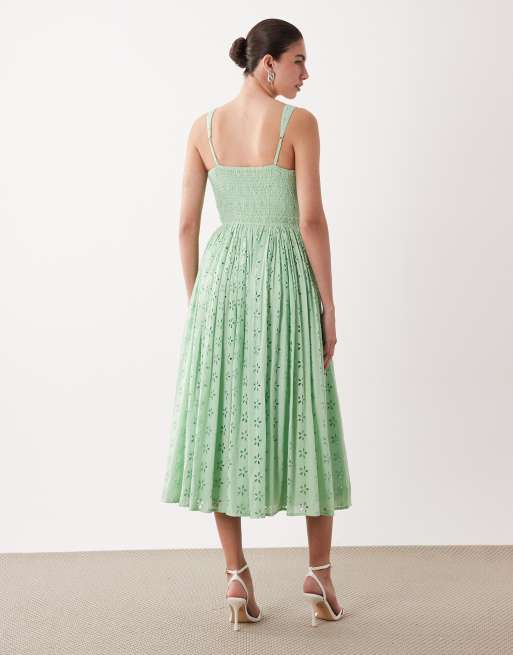 Lace & Beads - Robe longueur mollet style corset en coton à broderie anglaise - Vert pastel, 4 de 4