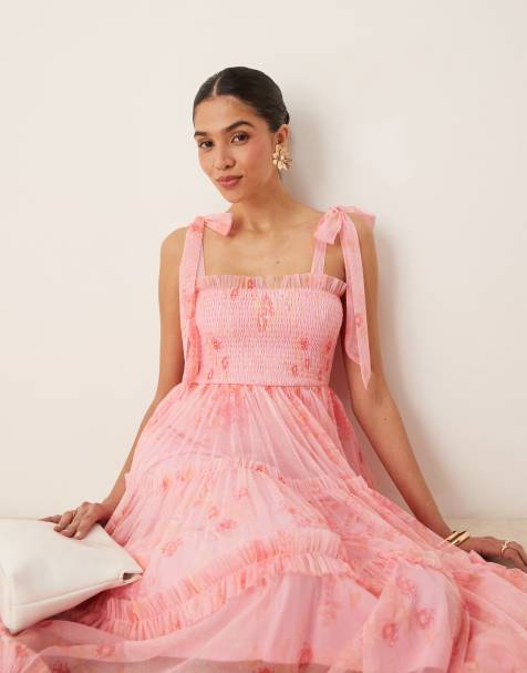 Lace & Beads - Robe mi-longue froncée à volants avec nœuds aux épaules - Rose fleuri - view 1