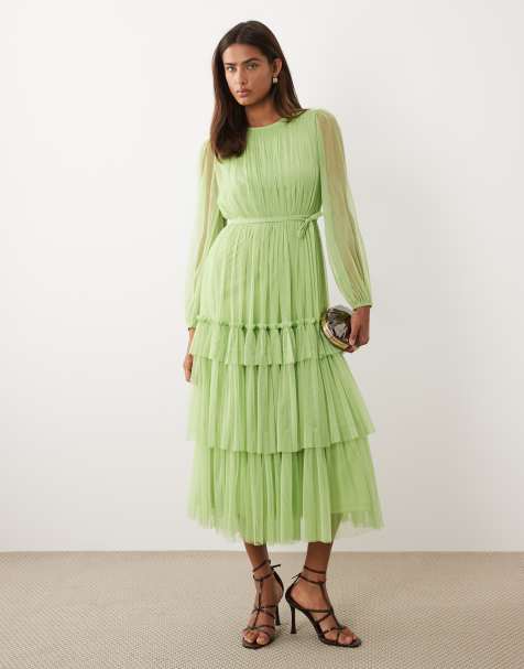 Lace & Beads - Robe mi-longue ras de cou à volants étagés - Vert pomme - view 1