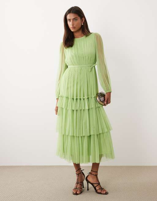 Lace & Beads - Robe mi-longue ras de cou à volants étagés - Vert pomme