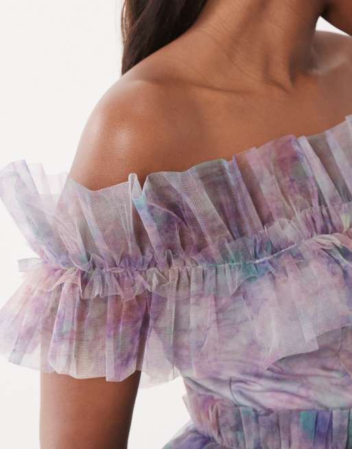 Lace & Beads - Robe patineuse courte bandeau en tulle à volants et imprimé abstrait - Violet , 3 de 4