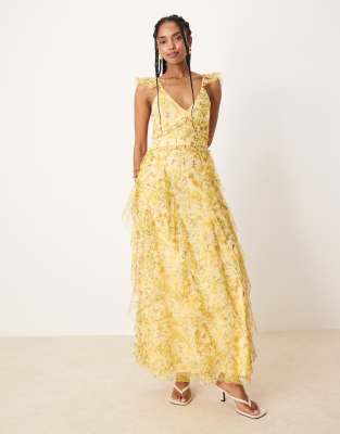 Robe volantée longueur mollet en tulle imprimé fleuri - Jaune 34