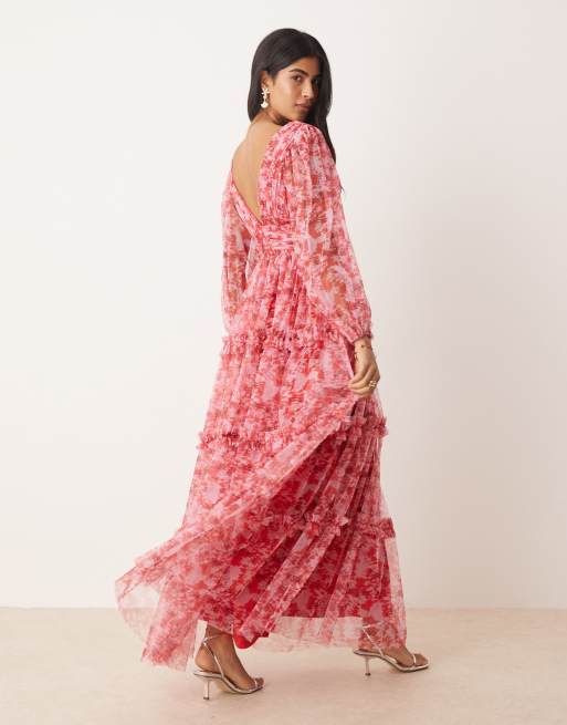 Lace & Beads – Röd- och rosablommig maxiklänning med långa ärmar, 2 av 4