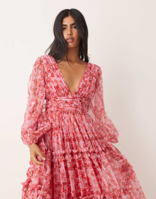 Lace & Beads – Röd- och rosablommig maxiklänning med långa ärmar, 4 av 4