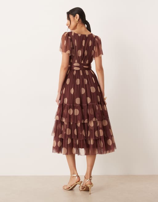 Lace & Beads – Rödbrun, beigeprickig midiklänning med v-ringning i tyll, 4 av 4