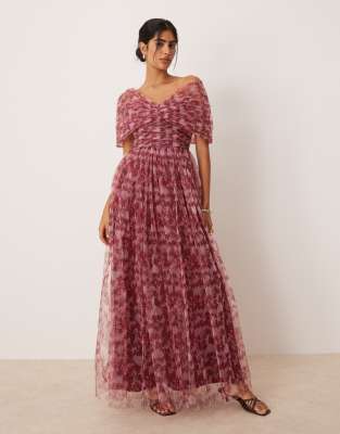 Lace & Beads - Rosa offshoulder-maxikjole med sløjfeskuldre og blomstermønster i tyl - view 1