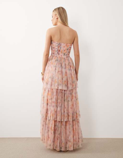 Lace & Beads – Rosablommig, panelsydd maxiklänning i tyll med bandeau-ringning och rysch, 4 av 4