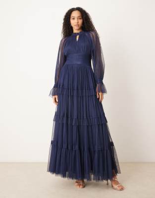 Lace & Beads Rosalia Tulle Sheer Bell Sleeve Tiered Maxi Dress In Blue
