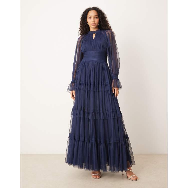 chinese dress ladies Zapaka Women Navy Lace A-Line Long Mother of The Bride Dress High Neck Long Sleeves Wedding Guest Dress, Navy / US22W