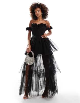 Lace & Beads Tulle High Low Plunge Maxi Dress With Tiered Skirt In Black