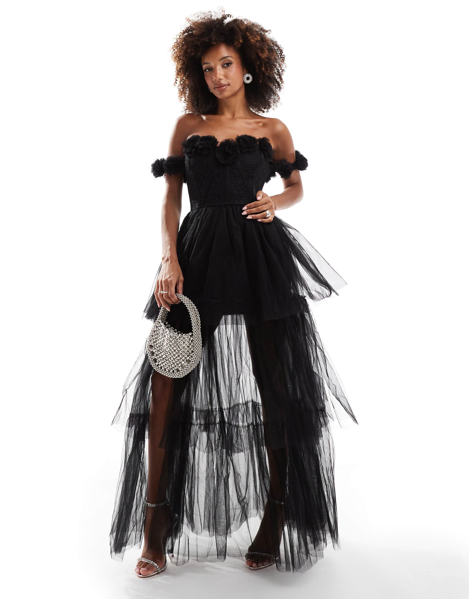 lace & beads rosette corset maxi dress in black