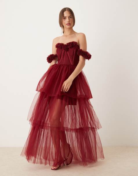 Lace & Beads rosette corset maxi dress in burgundy - view 1