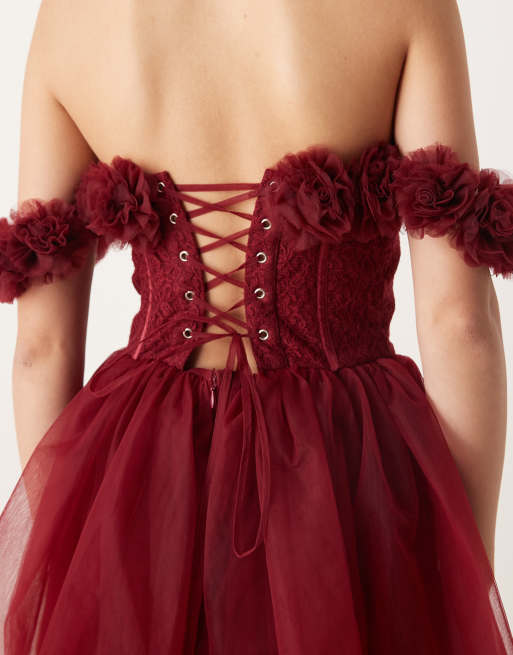 Lace & Beads rosette corset maxi dress in burgundy, 3 of 4