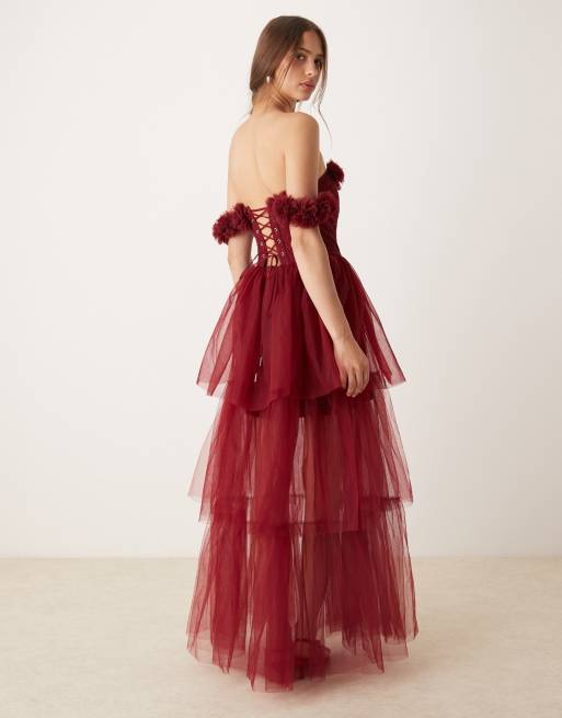 Lace & Beads rosette corset maxi dress in burgundy, 4 of 4