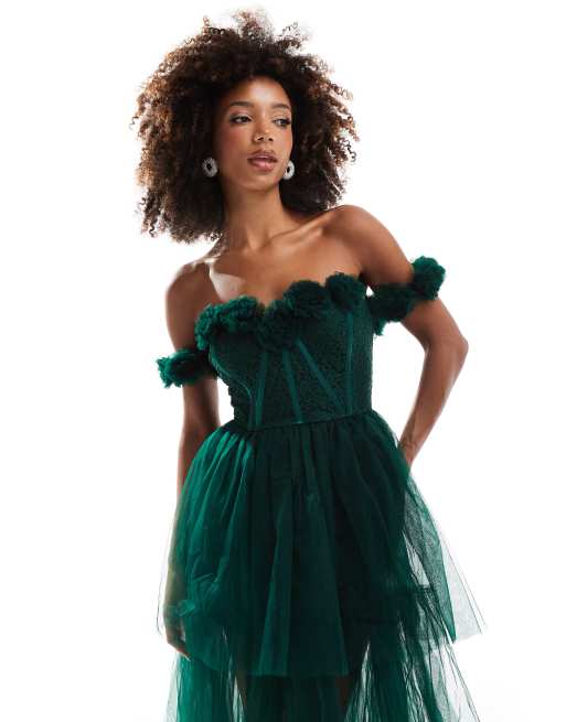 Lace & Beads rosette corset maxi dress in emerald green | ASOS