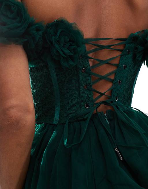Lace & Beads rosette corset maxi dress in emerald green | ASOS