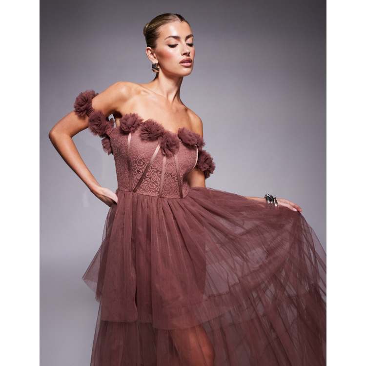 Lace & Beads rosette corset maxi dress in rose brown | ASOS