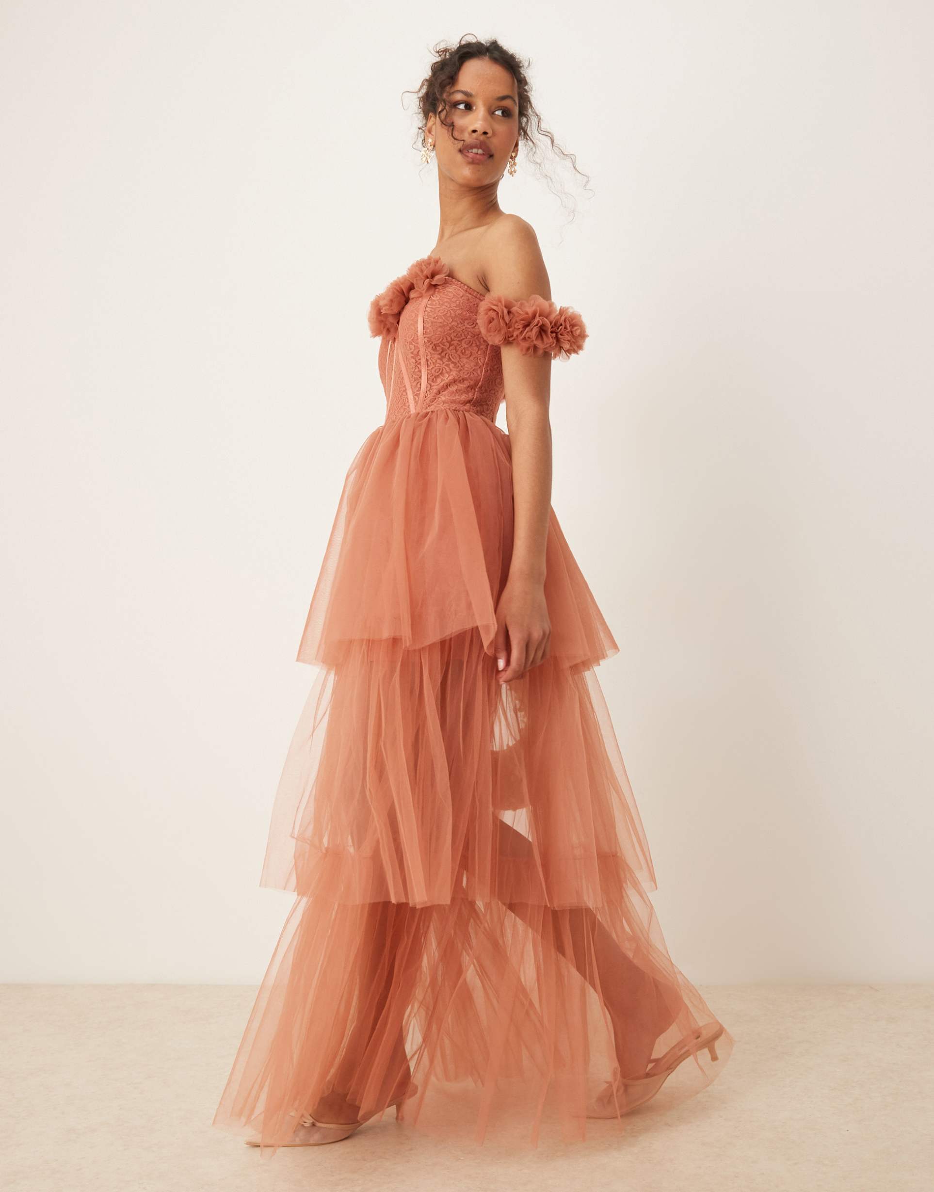 lace & beads rosette corset maxi dress in terracotta rose