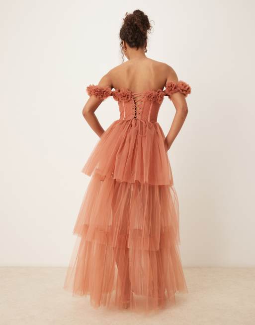 Lace & Beads rosette corset maxi dress in terracotta rose