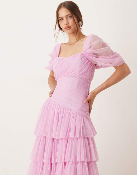 Lace & Beads asymmetric ruffle tulle maxi dress in ethereal rose