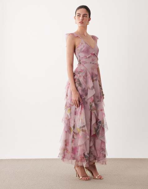 Lace & Beads – Różowa, tiulowa sukienka maxi z falbankami, w abstrakcyjny, kwiatowy wzór - view 1