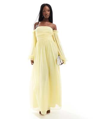 lace & beads ruched balloon maxi dress in lemon