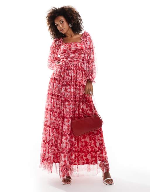 Lace & Beads ruched balloon sleeve maxi dress in red floral