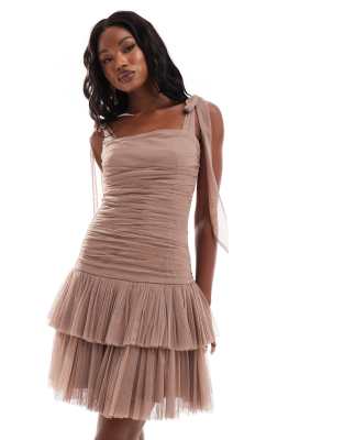 Lace & Beads Ruched Bow Shoulder Tulle Mini Dress In Rose Brown