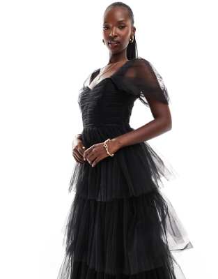 ruched tulle tiered midi dress in black