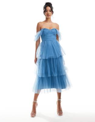 Lace & Beads Lace & Beads ruched tulle tiered midi dress in blue