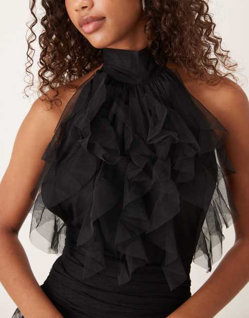 Lace & Beads ruffle halter drop hem mini dress in black