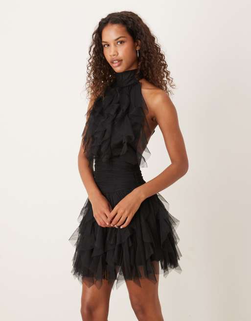 Lace & Beads ruffle halter drop hem mini dress in black