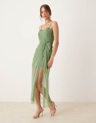 ruffle hem corset maxi dress in olive-Green